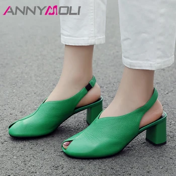 

ANNYMOLI Women Pumps High Heels Natural Genuine Leather Thick High Heels Shoes Cow Leather Peep Toe Glove Shoes Lady Size 34-39