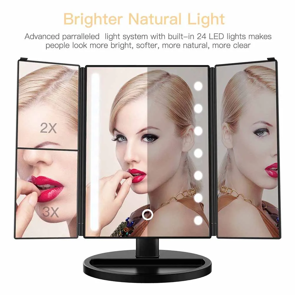 

Large 24 LED Makeup Mirror with 1X/2X/3X Magnification Trifold Lighted Adjustable Rotation Mirror WH998