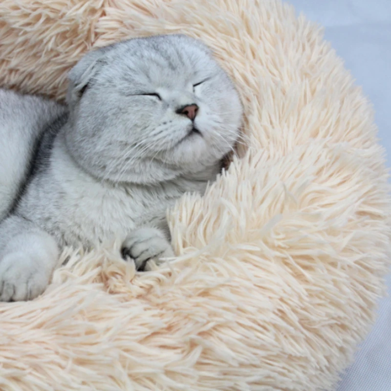 Круглые плюшевые кошки спальная кровать Дом Мягкая длинная плюшевая круглая собачья кровать для маленьких собак кошки гнездо зимняя теплая спальная кровать щенок коврик