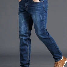 Весенние мужские джинсы стрейч синие мужские с высокой талией 130 кг размера плюс XL негабаритных людей тонкие длинные брюки 48 46 44 42 40 38 36