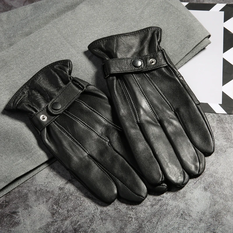 New Winter Men's Real Leather Gloves with Fleece Male Genuine Leather Gloves Men Warm Guantes Outdoor Black 