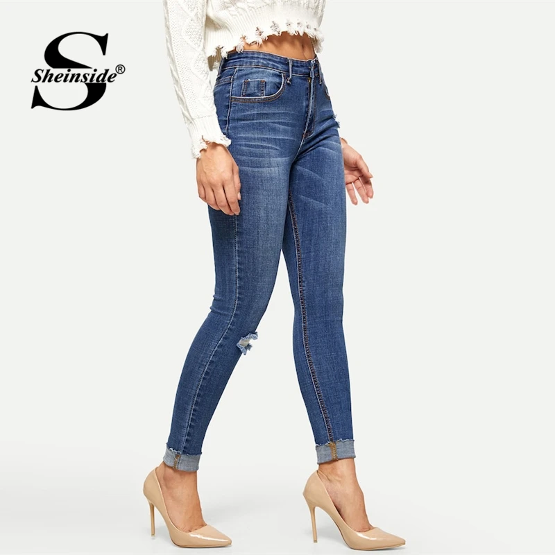 Sheinside Navy Rolled Knee Ripped stretchy Jeans 2019 Spring Mid Waist Pant Butt