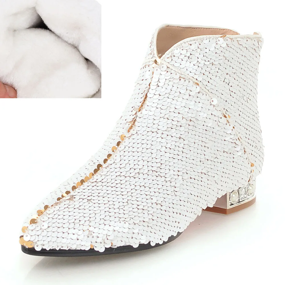 white thick fur Dilalula/Новое поступление; женские ботильоны с острым носком на низком каблуке; сезон осень-зима; женские ботинки «Челси» с блестками; размеры 32-43 - Цвет: white thick fur