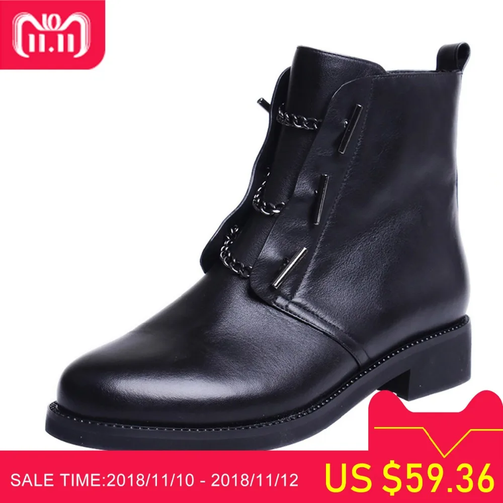 

MARHEE Winter Black Red Ankle Boots Women's Genuine Leather Shoes Metal Chain Chelsea Booties Flat Heels Ladies Footwear