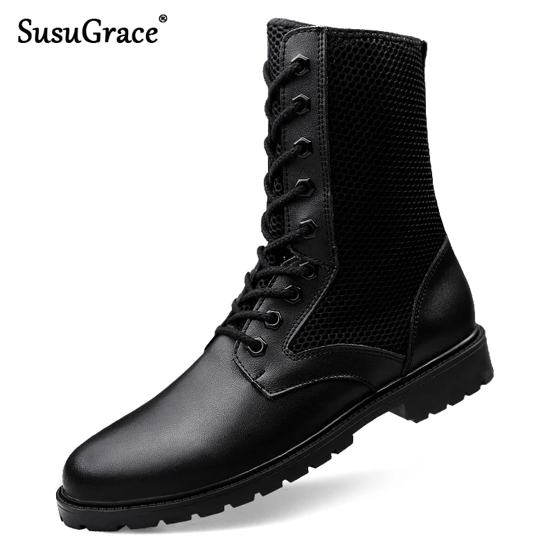 

susuGrace Men's High Top Genuine Leather boots Summer high boots Cow leather Lace-up sneakers quality Casual shoes Plus sizes