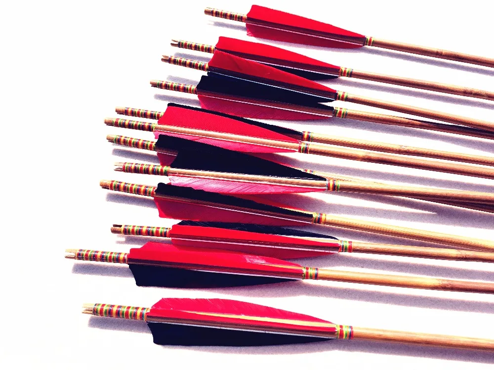 

12pcs Red White archery bow bamboo arrow completed hunting and shooting