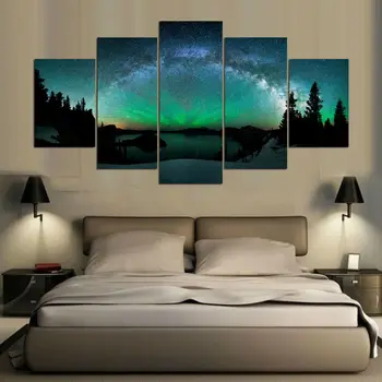 

HD Printed Pictures Framework Canvas Wall Art Home Decor 5 Pieces Tarburst Over Aurora Boreal Abstract Landscape For Living Room