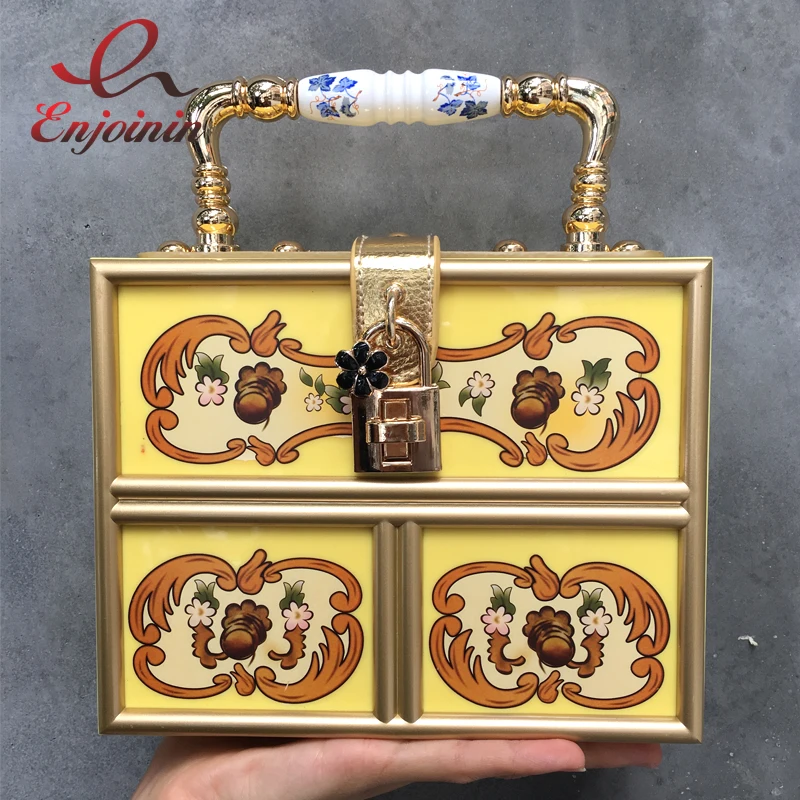 

Luxury fashion charm ceramic handle printing flower locks ladies dinner party shoulder bag handbag crossbody messenger bag purse