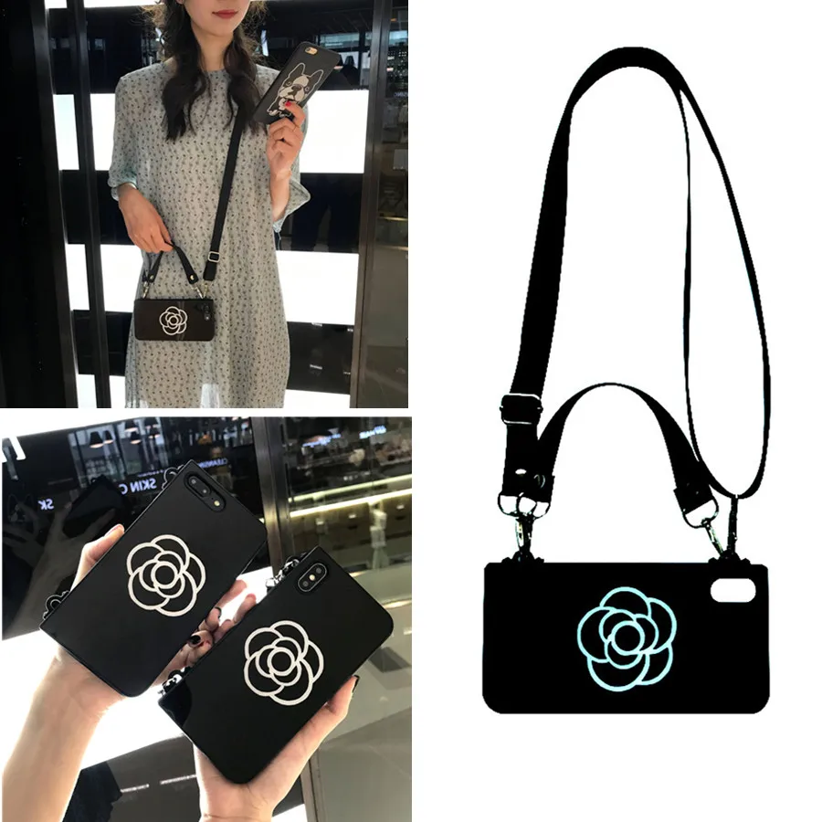 

3d Camellia shoulder strap silicone case for iphone XS MAX XR X 7 8 6 6S plus case cover luxuyr flower soft anti-knock phone bag