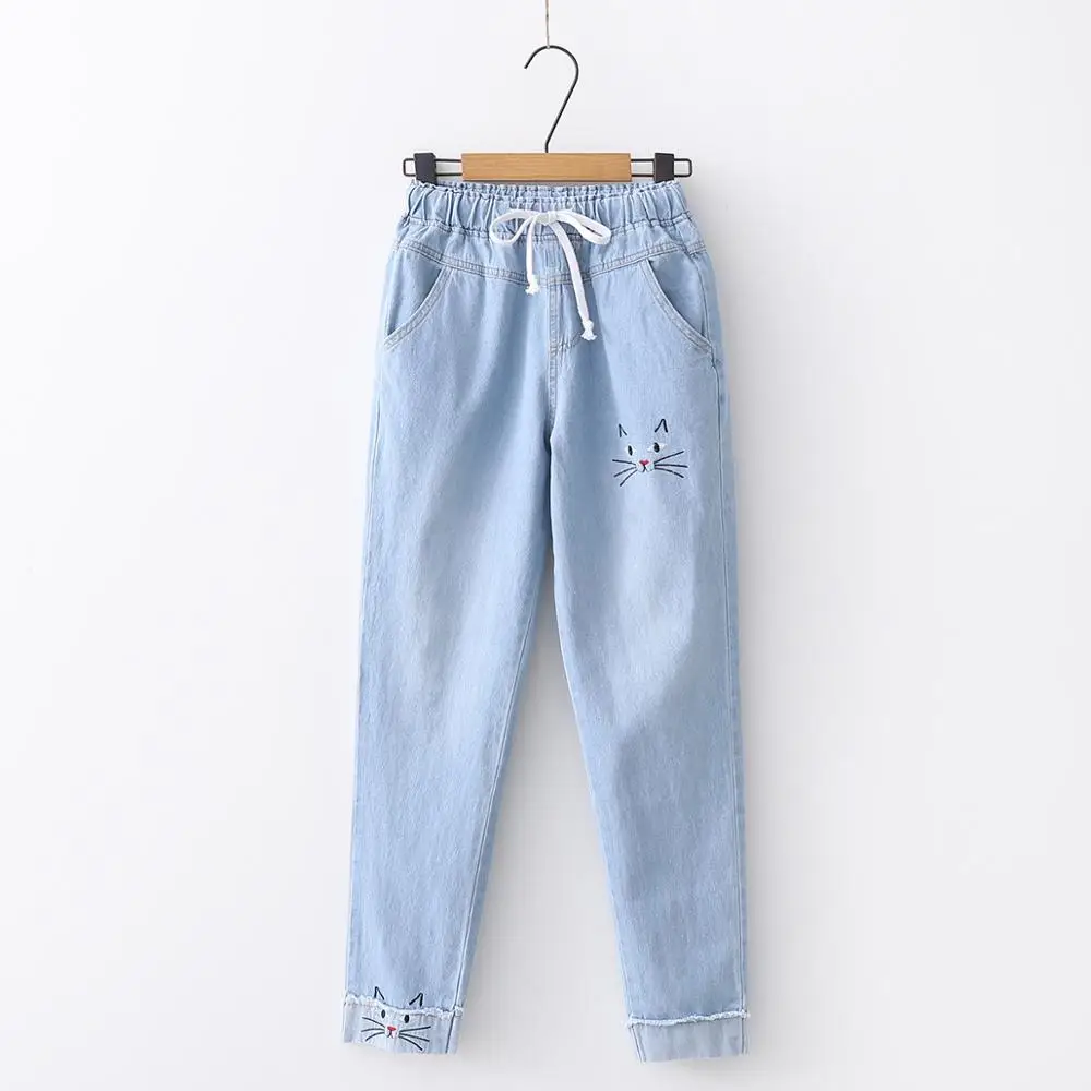 Women Harajuku Jeans Pants Japanese Autumn Pocket School Cartoon Funny Wide Leg Pants Loose Cat Embroidery Roll Up Denim Pants