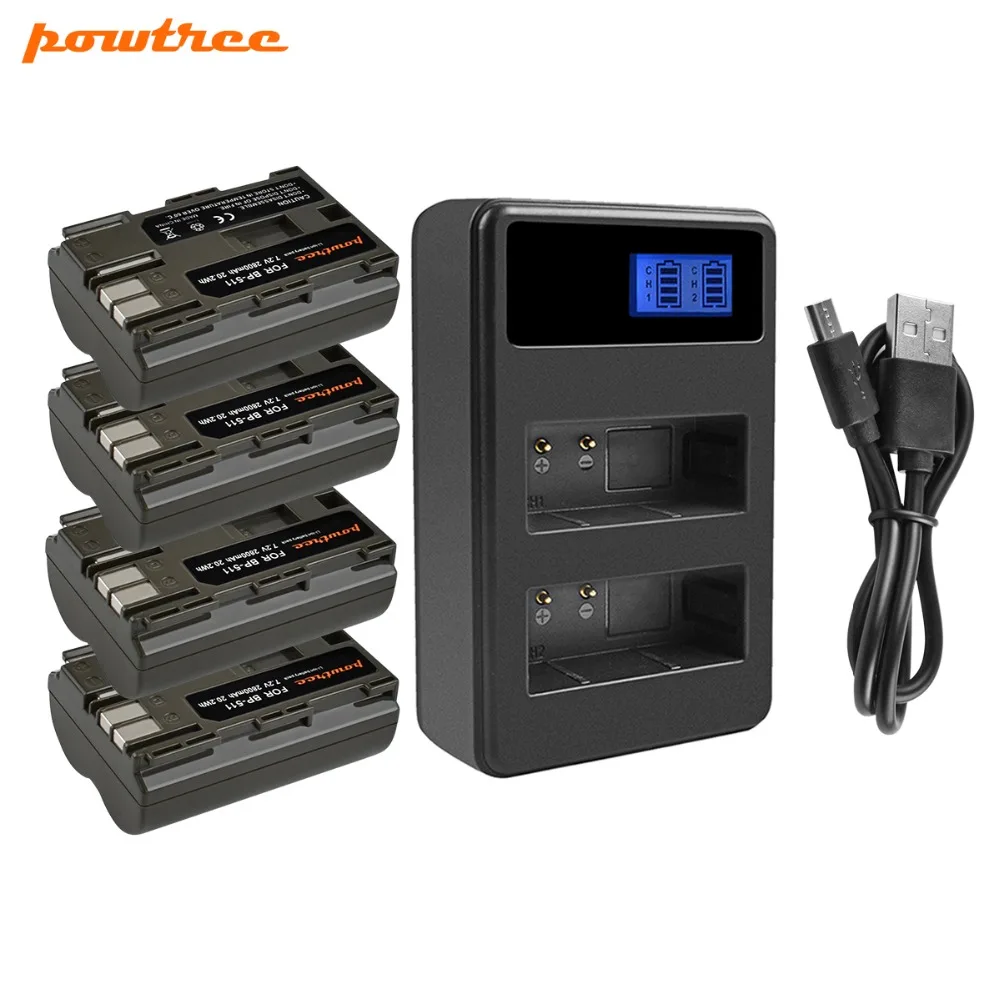 Powtree для Canon 4 шт 7,2 V 2800 мА/ч, BP-511 BP 511 BP511 BP511A Камера Батарея+ LCD Dual charger для 300D 40D 5D 20D 30D 50D G6