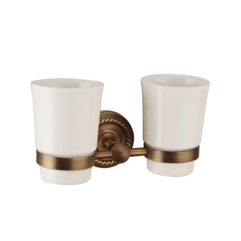 Cabilock Portavasos doble Vintage montado en la pared Cobre antiguo Cepillo de dientes elegante Estante para vasos Vasos de cerámica Soportes para el baño del hogar Hotel