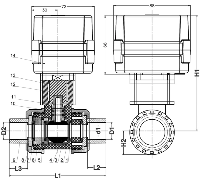 DC24V DN50 Электрический шаровой кран из ПВХ, 2 варианта пластиковый клапан управления двигателем