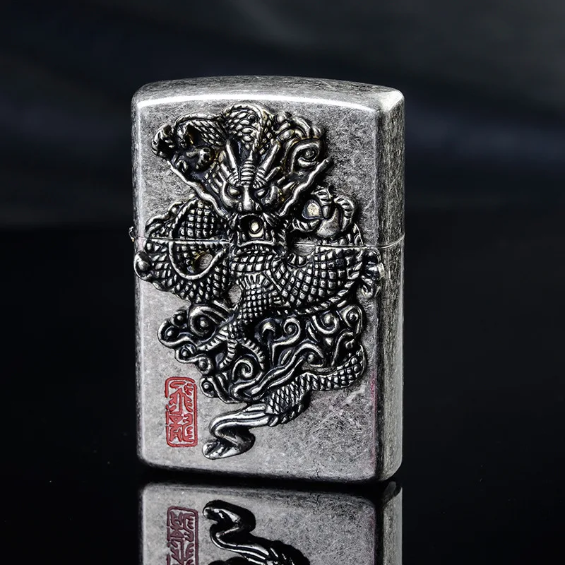 Древний серебряный Flying Dragon матового металла Керосин прикуривателя, зажигалка, Принадлежности для курения