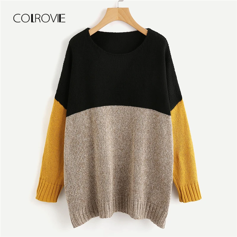 COLROVIE, разноцветный, с блоком, Повседневный, вязаный джемпер, осень, свободный, мягкий, женский джемпер, пуловеры, теплый зимний свитер