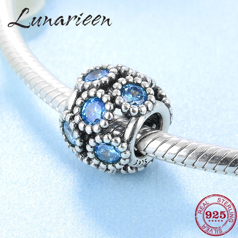 

New 925 Sterling Silver Fashion blue zircon DIY beads Fit Original Pandora Charm Bracelet Jewelry making Girlfriend gift