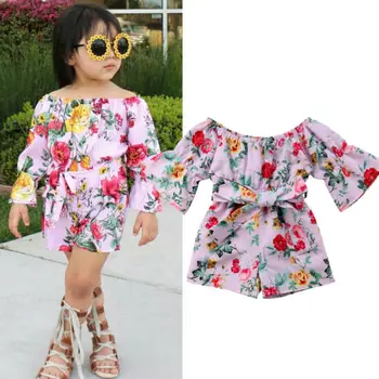 

Summer Floral Baby Girl Fashion Romper Rose Print Off Shoulder Bow Belt Cotton Jumpsuit Toddler Outfit Half Sleeve Fancy Romper