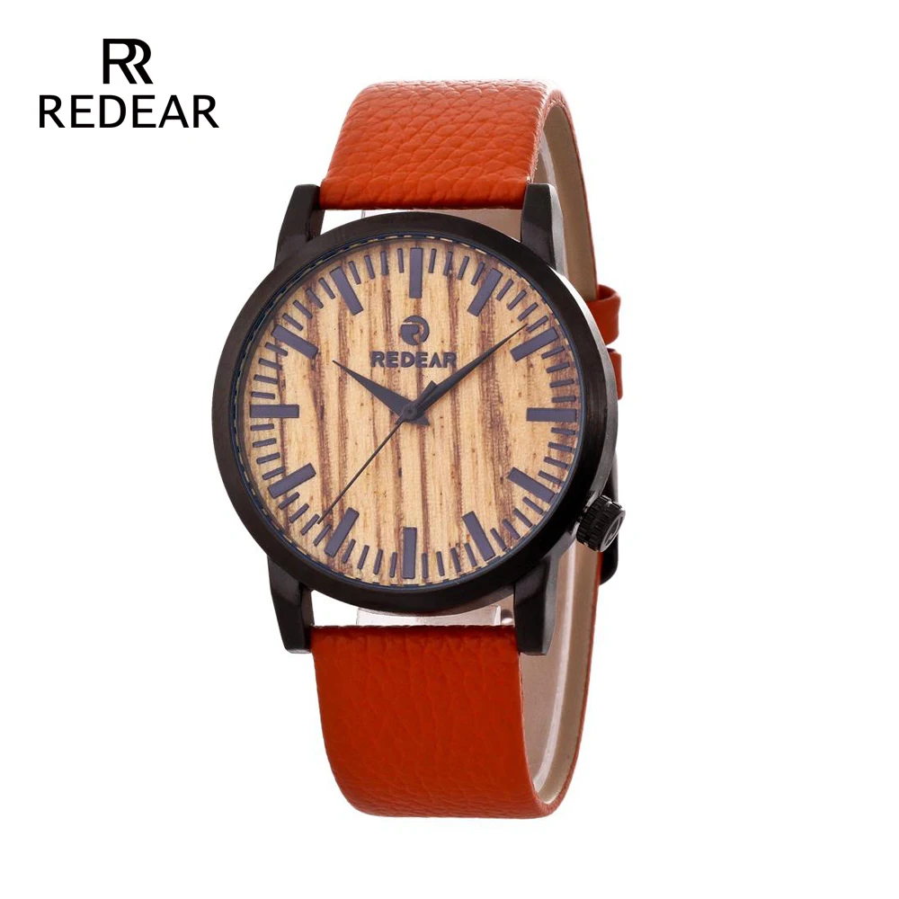 

REDEAR Fashion Wooden Men Watches Fashion Orange Genuine Leather Strap Wood Watch Top Brand Men Watches Boy's gift