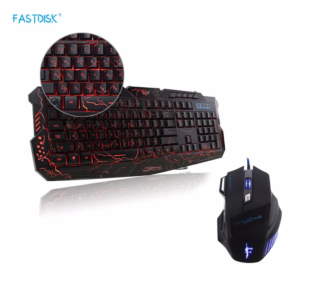 

FASTDISK English Russian Gaming Full Keyboard USB Wired Backlight LED Red/Purple/Blue crack Music control with 7 Button Mouse