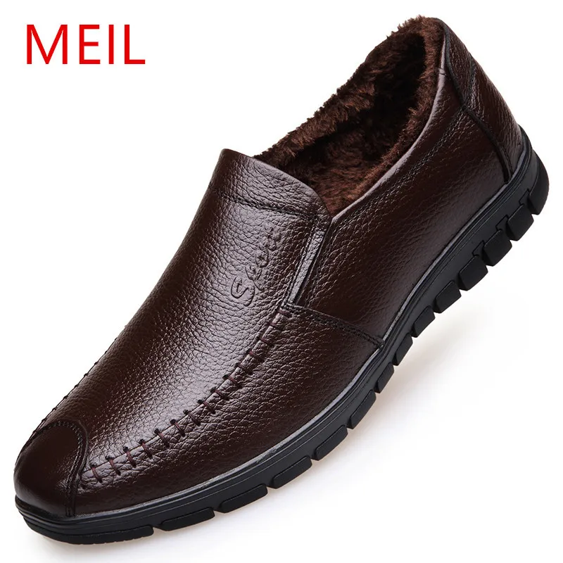 

MEIL men winter loafers Genuine leather casual shoes driving shoes slip on male moccasins warm flats brown boots men