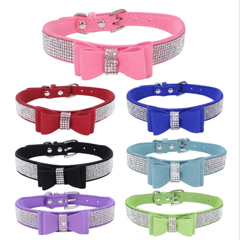 

New hot drilling bow pet collar Soft Suede Leather Puppy Dog Collar Adjustable Rhinestone Cat Pet Pink Collars Small Medium