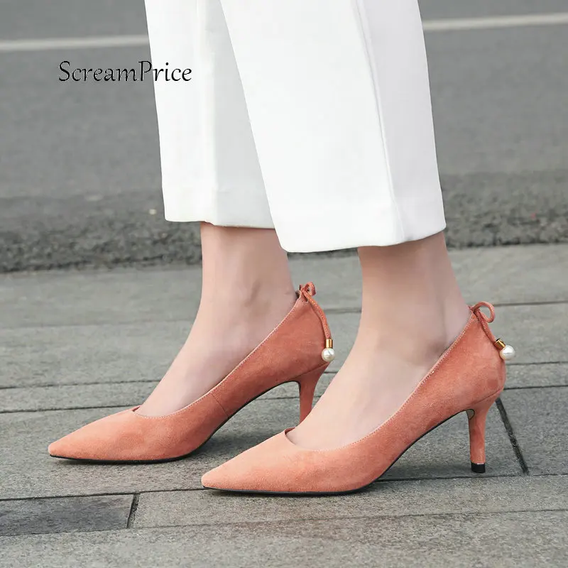 

Women Suede Back Bow Knot Slip On Lazy Shoes Fashion Pointed Toe Dress Sexy Thin High Heel Pumps Black Pink Khaki