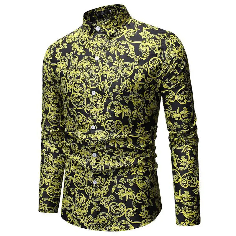 Mens Gold Floral Print Shirts 2019 