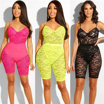 

Sexy Women Lace V-neck Strap Bodycon Clubwear Playsuit High Waist See Through Party Nightwear Romper Lingerie Jumpsuit One-piece