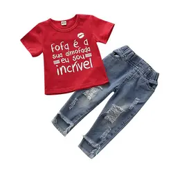Летняя Очаровательная футболка с короткими рукавами и буквенным принтом для маленьких девочек, блузка, джинсовые штаны, повседневная