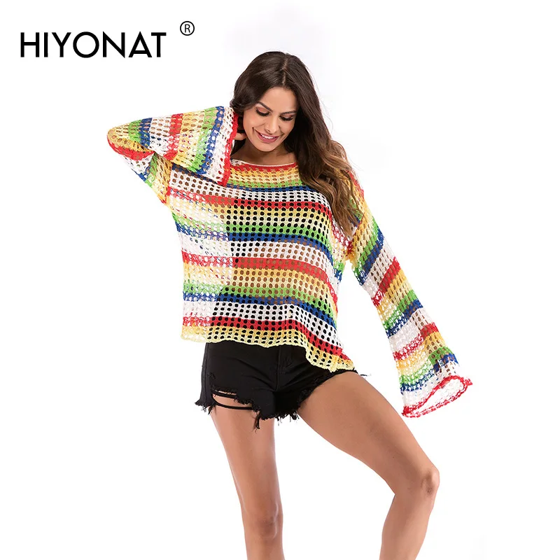 Hiyonat 2019 Elegant Hollow Out Sweater Women Long Sleeves Rainbow Striped Knitted Pullover Sweaters Pull Femme Spring Jumper
