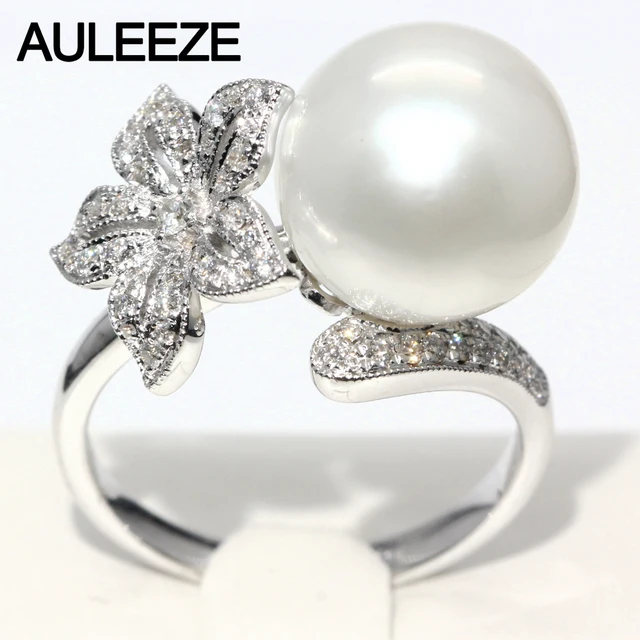 Fl Design Real Diamond Ring 11mm Natural Seawater Pearl 18k Fl Design Real Diamond Ring 11mm Natural Seawater Pearl 18k White Gold Engagement Wedding Rings