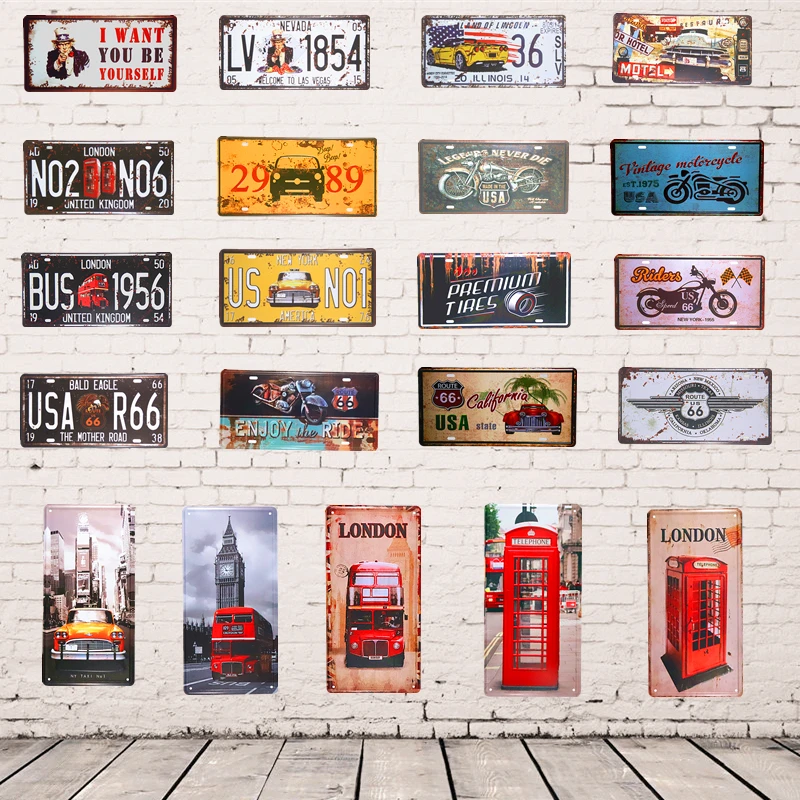 

15x30cm Vintage Car License Number Plate Motorcycle USA Route 66 America Iron Poster Wall Sticker Garage Wall Decor