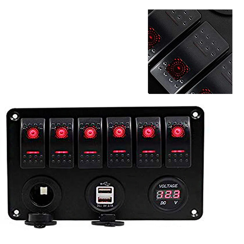 12V 6 Gang Circiut LED Rocker Switch Panel Breaker Voltmeter USB Charger US SHIP