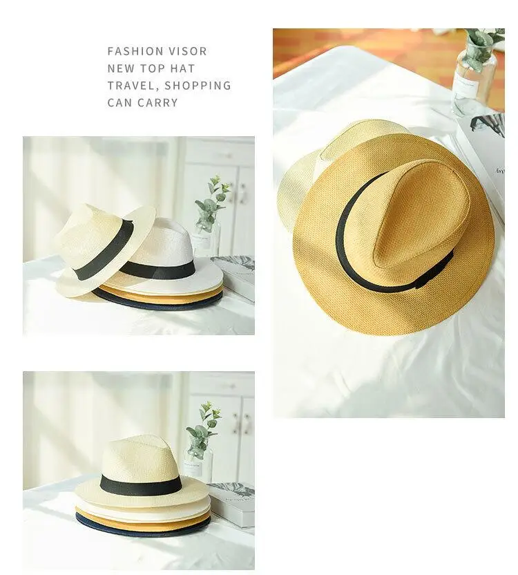 Новые Летние головные уборы для мужчин и женщин Соломенная Панама, шляпы однотонные простые с широкими полями пляжные шляпы с лентой унисекс шляпа от солнца Fedora