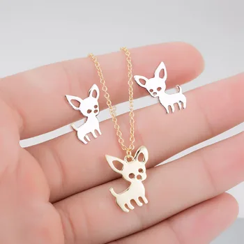 

1 Set Lovely Chihuahua Baby Dog Stud Earrings And Necklace Copper Material Fashion Jewelry Set Korean Style Jewelry