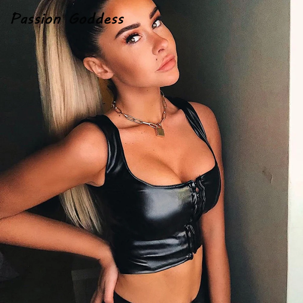 

Sexy Women PU Cropped Tops Sleeveless Strapless Leather Tank Vest Bow Metal Button Party Cool Basic Slim Blusa Bustier Lingerie