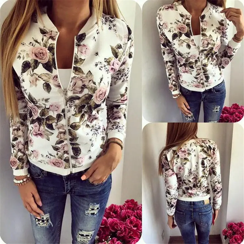 

2018 Women Flower Jacket Brand Tops Flower Print Girl Plus Size Casual Zipper Button Thin Bomber Long Sleeves Coat Jackets