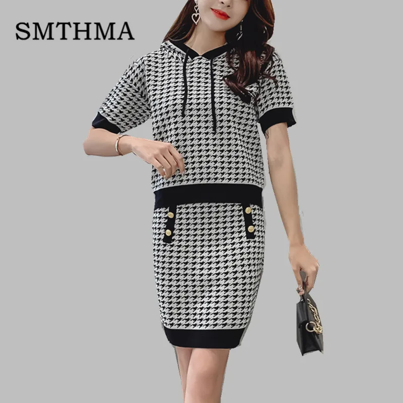 

SMTHMA 2019 Women Summer short sleeve Houndstooth Knitted Hooded Sweaters Tops+Single-breasted women two piece Skirt Sets