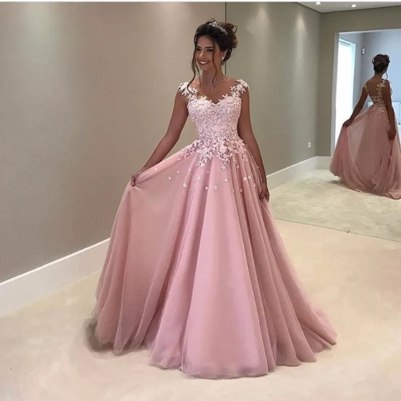 Eenvoudige Roze Lange Prom Dresses Kant Applicaties Tulle Junior Avondjurken A-lijn Formele Party Dress Robe De Soiree 2019 Eenvoudige Roze Lange Prom Dresses Kant Applicaties Tulle Junior Avondjurken A-lijn Formele Party Dress Robe De Soiree 2019