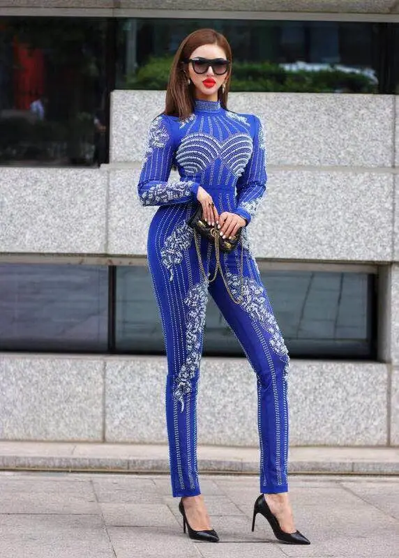 

2018 Sexy Black Blue Long Sleeve Mesh Beading Bandage Jumpsuits Elegant Women Celebrity Party Jumpsuit Rompers Sexy Bodysuit
