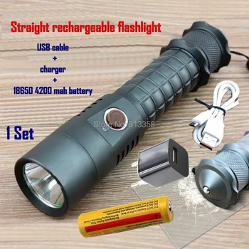 

1Set Straight rechargeable LED Flashlight Self-defense Cree XML Led Torch Camping Lamps Usb cable+charger+18650 battery-X2
