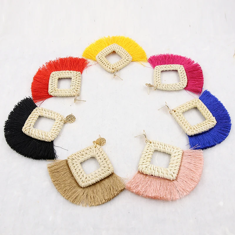 

Vintage Rattan Tassel Earrings For Women Handmade Square Wicker Straw earring Big Fringe Earrings boucles d oreille femme