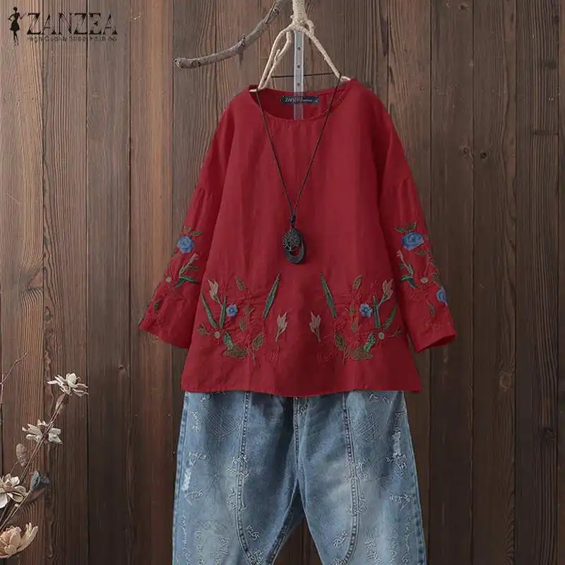 

ZANZEA Women Tunic Tops Vintage Floral Embroidery Blouse Summer Cotton Linen Shirt Robe Casual Party Blusas Long Sleeve Chemise