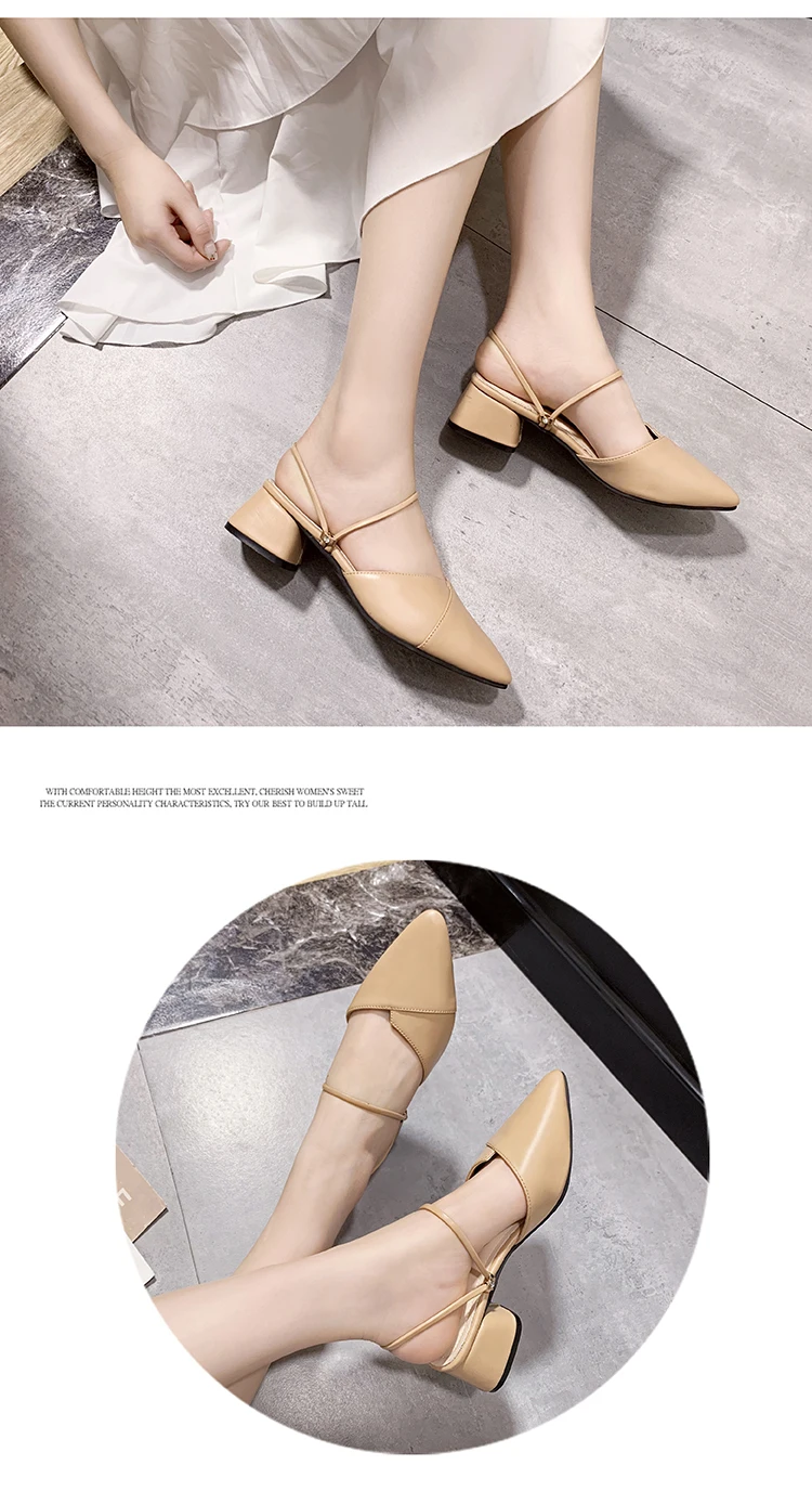 Party Women Mules Slipper Pointed Toe Block Strap Closed Shallow High Heels Shoes Sandals Black Beige Square heel Pumps