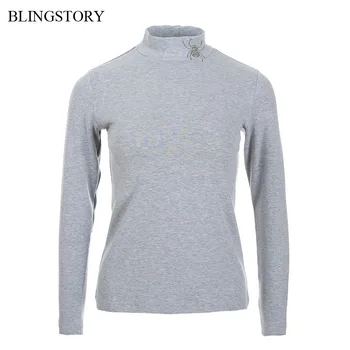 

BLINGSTORY Harajuku Long Sleeve T Shirt Fashion Rhinestone Cotton T-shirts Women Plus Size Autumn Turtleneck Tops S-5XL FY0801