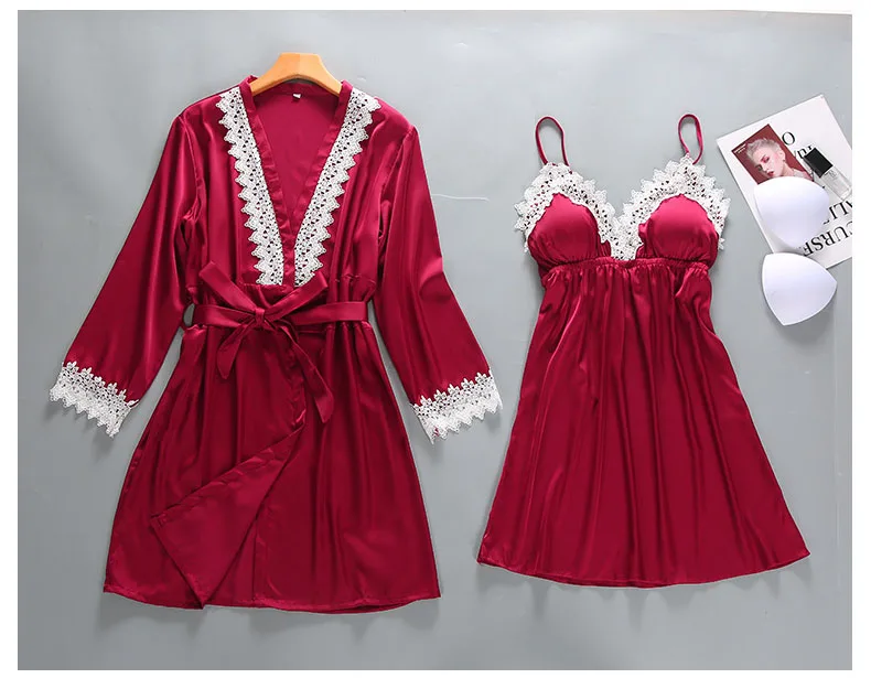 Queenral 2PCS Robe Gown Sets Women's Sleepwear Women Sexy Lace Bathrobe + Mini Night Dress Bathrobe Nightie Set Summer Lingerie 