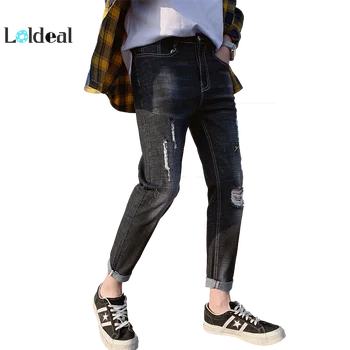 

LOLDEAL Men's Casual Cropped Jeans Embroidered Hole Black Jeans