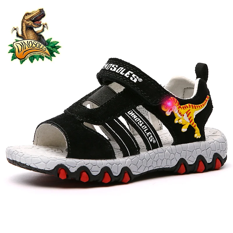 DINOSOLES Sandals Boys Light Up Led Kids Summer Shoes 3D Dinosaur Causal Beach Sandals 2019 Anti-Slip Leather Children Shoes