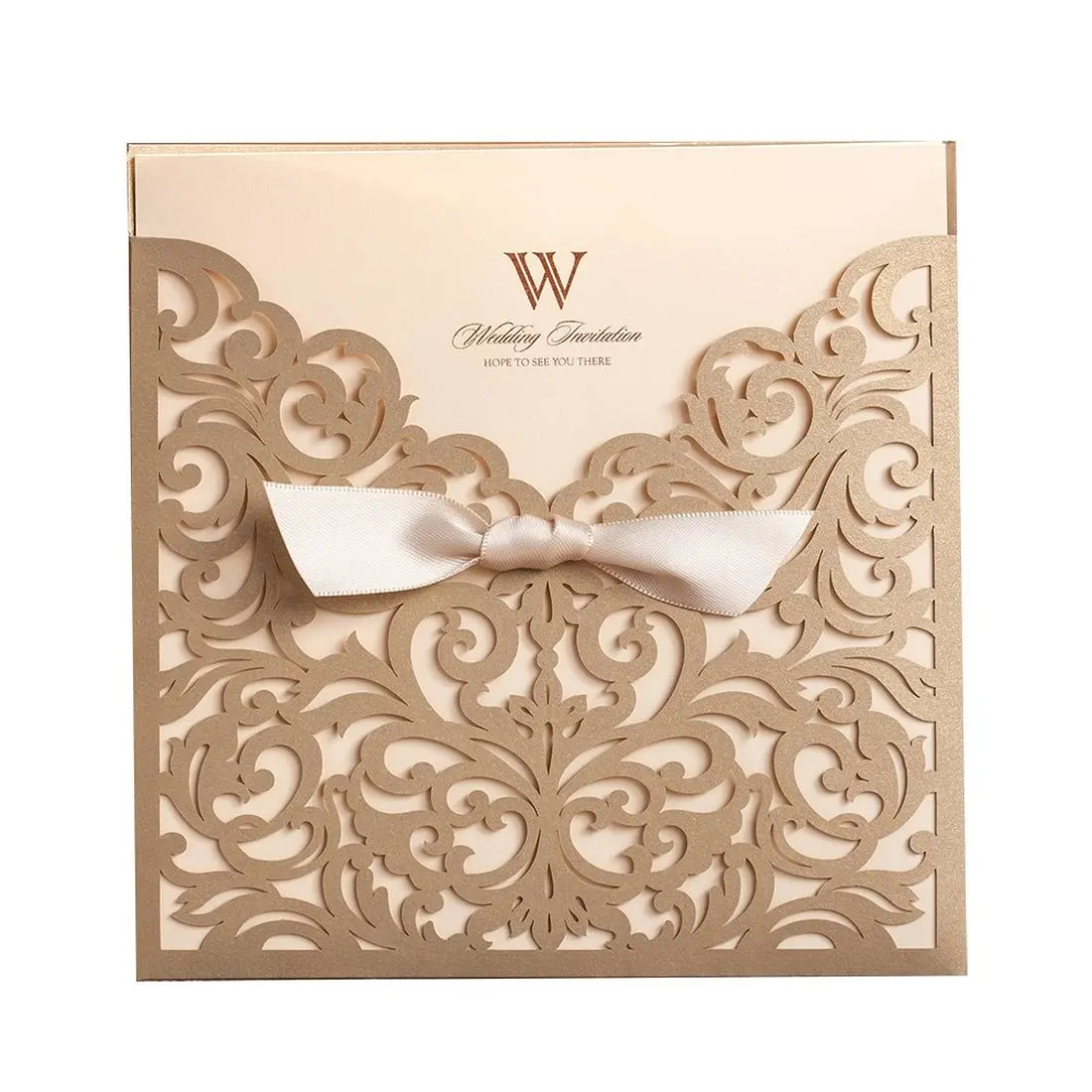 

50pcs Gold Square Laser Cut Wedding Invitations Card Paper With Bowknot for Engagement Party Birthday Baby Shower Bridal Shower