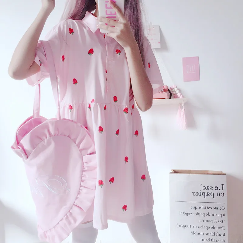 

Women's Dresses Japanese Harajuku Ulzzang Small Strawberry Printed Chiffon Dress Female Korean Kawaii Cute Clothing For Women